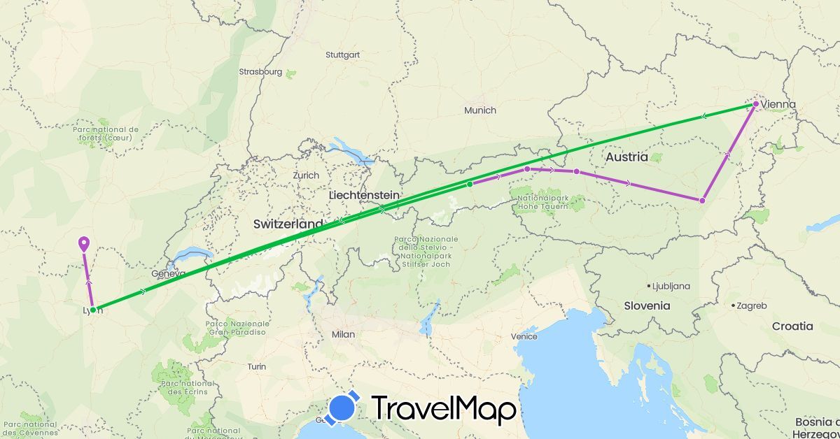 TravelMap itinerary: driving, bus, train in Austria, France (Europe)